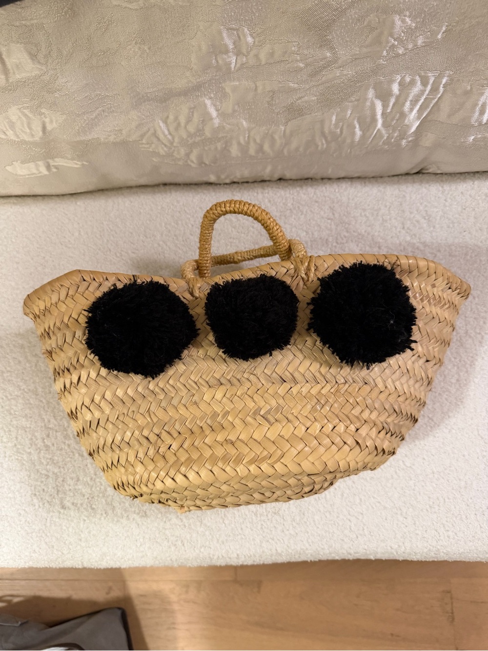 Bohemia Woven Straw Tote with Black Pom-Pom Accents